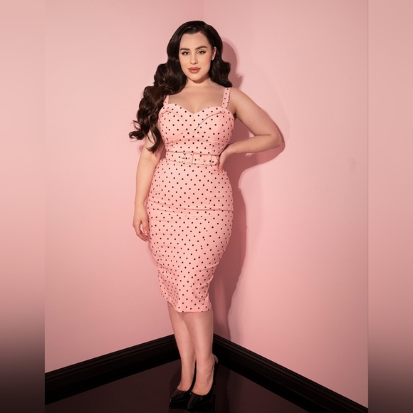 Vixen by Micheline Pitt Dresses & Skirts - Vixen by Micheline Pitt Pink Polka Dot Midi Dress with Belt